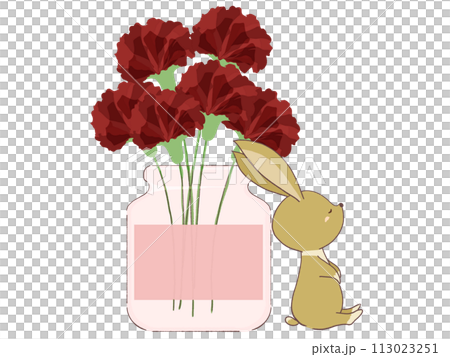 カーネーションの横に座るウサギのイラスト カーネーションの横に座るウサギのイラスト 113023251