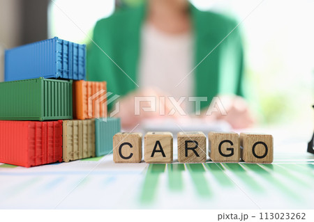 Word cargo and freight containers on financial reports on table, business woman in background. Word cargo and freight containers on financial reports on table, business woman in background. 113023262