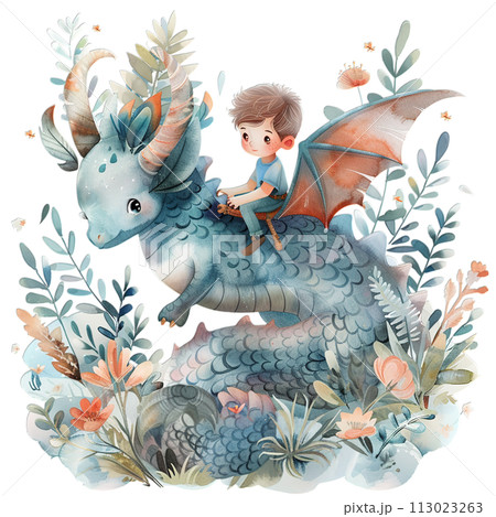 Boy riding gentle dragon in magical flower...のイラスト素材 [113023263] - PIXTA