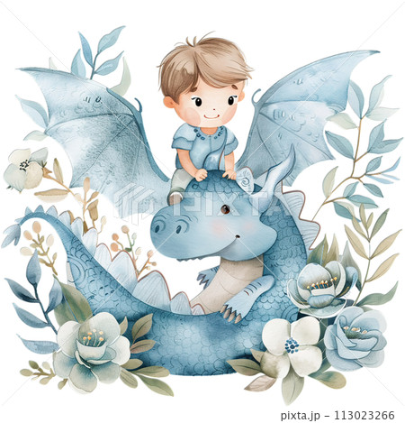 Boy riding gentle dragon in magical flower garden, kids fantasy art for nursery, boy and dragon watercolor 113023266