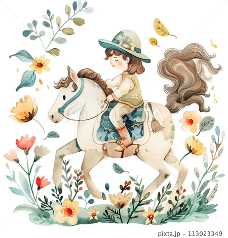 Boy riding dreamy unicorn, fantasy nursery art with vibrant watercolor floral accents, boy and unicorn watercolor style, kids illustration 113023349