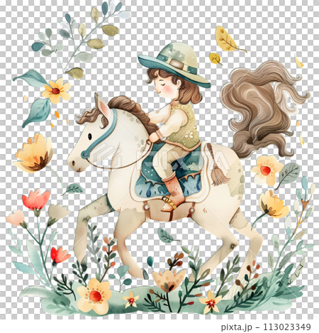 Boy riding dreamy unicorn, fantasy nursery art with vibrant watercolor floral accents, boy and unicorn watercolor style, kids illustration 113023349