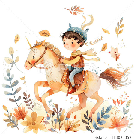 Boy riding dreamy unicorn, fantasy nursery art with vibrant watercolor floral accents, boy and unicorn watercolor style, kids illustration Boy riding dreamy unicorn, fantasy nursery art with vibrant watercolor floral accents, boy and unicorn watercolor style, kids illustration 113023352
