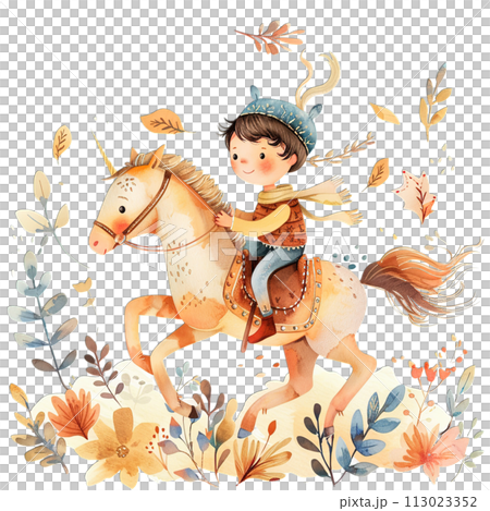 Boy riding dreamy unicorn, fantasy nursery art with vibrant watercolor floral accents, boy and unicorn watercolor style, kids illustration Boy riding dreamy unicorn, fantasy nursery art with vibrant watercolor floral accents, boy and unicorn watercolor style, kids illustration 113023352