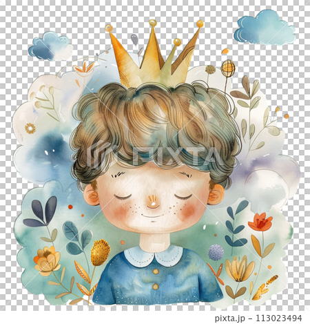 dreamy child with crown, prince boy serene watercolor flowers and clouds, magical nursery illustration dreamy child with crown, prince boy serene watercolor flowers and clouds, magical nursery illustration 113023494