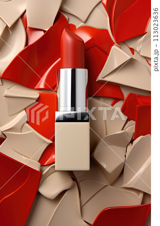 Flat lay red lipstick on a geometric background in the form of fragments in the style of pop art 113023636