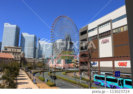 Views from riding in Yokohama Air Cabin showing Yokohama's Minatomirai area from above through the mirrored windows. In Yokohama Japan. 113023724