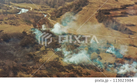 Aerial View. Spring Dry Grass Burns During Drought Hot Weather. Bush Fire And Smoke In Meadow Field. Wild Open Fire Destroys Grass. Nature In Danger. Ecological Problem Air Pollution. Natural Disaster 113023984