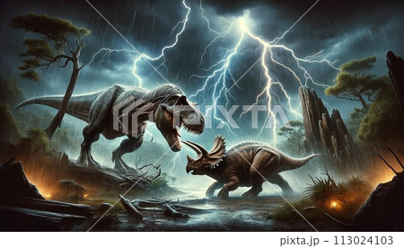 雷の中闘うティラノサウルスとトリケラトプス 113024103