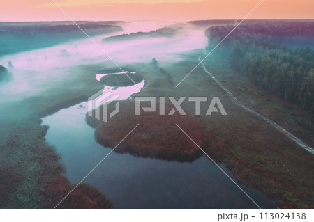 Early misty morning, sunrise over lake. Rural landscape in summer. Aerial view 113024138