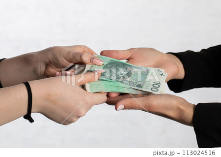 The businesswoman hands a bundle of banknotes as an additional bonus to the salary. The businesswoman hands a bundle of banknotes as an additional bonus to the salary. 113024516