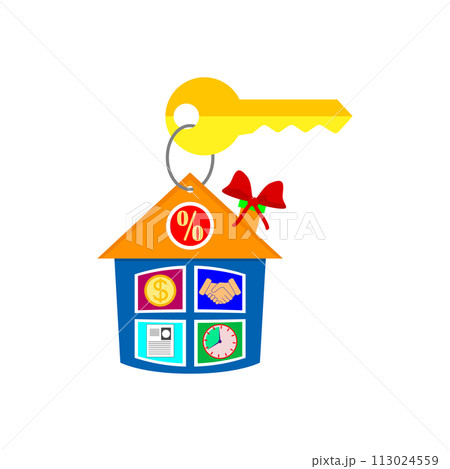 Pendant house and key. Keychain with key ring. Concept for real estate agents and agencies, sale and rent of a house and buyer or customer. Vector illustration. Clipart and drawing. Pendant house and key. Keychain with key ring. Concept for real estate agents and agencies, sale and rent of a house and buyer or customer. Vector illustration. Clipart and drawing. 113024559