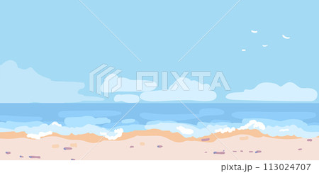 Sea landscape on a sunny day for wall art. Sky and clouds. Sea decoration design for interior and flyers. Ocean view poster. Cover and banner. Modern hand drawn vector illustration Sea landscape on a sunny day for wall art. Sky and clouds. Sea decoration design for interior and flyers. Ocean view poster. Cover and banner. Modern hand drawn vector illustration 113024707