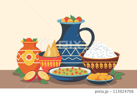 Flat Design Illustration of Traditional Food Dishes in Vase Bowl for Nowruz Celebration Flat Design Illustration of Traditional Food Dishes in Vase Bowl for Nowruz Celebration 113024708