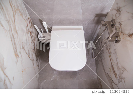 Modern wall-mounted toilet in the bathroom with gray porcelain stoneware tiles. Hygienic shower and toilet brushes. 113024833