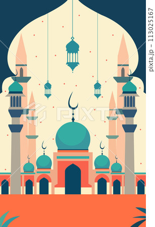 Mosque and Lantern Islamic Eid Al Fitr Festival Card 113025167