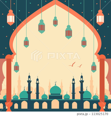 Mosque Islamic Eid Al Fitr Festival Card with Frame and Copy Space Mosque Islamic Eid Al Fitr Festival Card with Frame and Copy Space 113025170