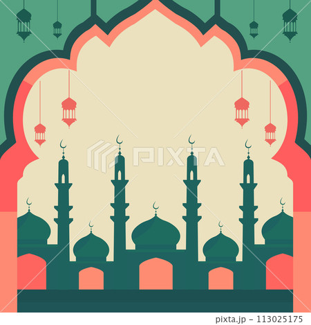 Mosque Silhouette Islamic Eid Al Fitr Festival Card with Copy Space 113025175
