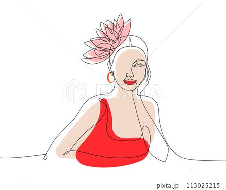 Abstract one line continuous woman minimalist portrait on white background. Hand drawn outline vector illustration. 113025215