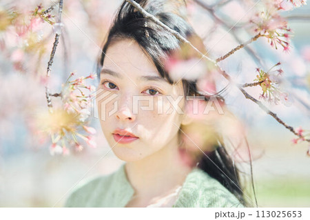 桜と美しい女性のポートレート 113025653