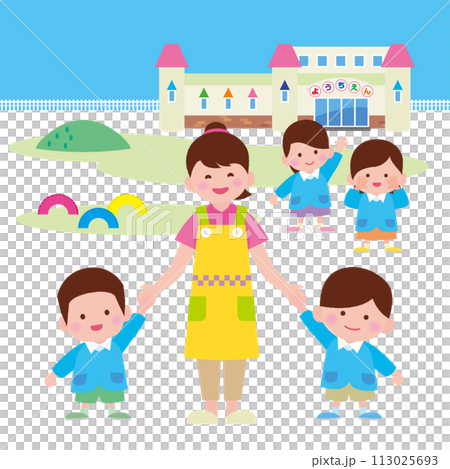 幼兒園裡穿著工作服的孩子們和老師一起玩耍 113025693