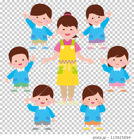 一位女托兒所老師和穿著工作服的孩子們 一位女托兒所老師和穿著工作服的孩子們 113025694