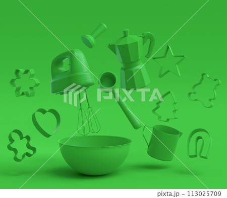 Mixer and cookie cutters with kitchen utensil for making cookies on monochrome 113025709