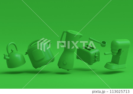 Electric kitchen appliances and utensils for making culinary on green monochrome 113025713