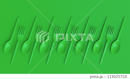 Set of disposable utensils like plate, folk, spoon,knife, cup and pepper mill 113025728