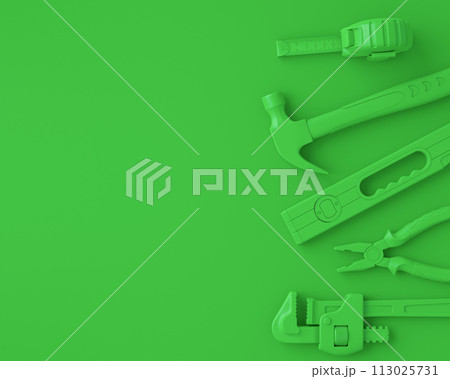 Top view of monochrome construction tools for repair on multicolor background Top view of monochrome construction tools for repair on multicolor background 113025731