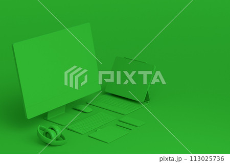 Desktop computer with keyboard, tablet, phone and DSLR camera on monochrome 113025736