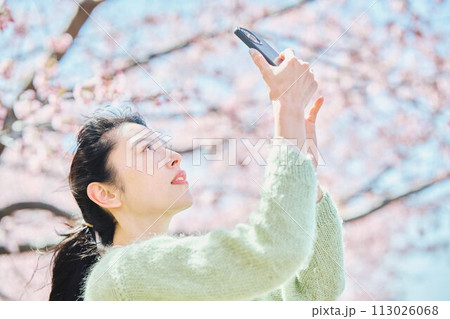 桜の写真を撮る女性 113026068