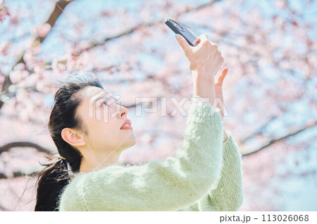 桜の写真を撮る女性 桜の写真を撮る女性 113026068