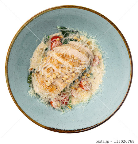 Chicken fillet with parmesan cheese and vegetables 113026769