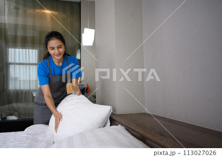 Young beautiful housewife wearing apron making bed in the morning Young beautiful housewife wearing apron making bed in the morning 113027026