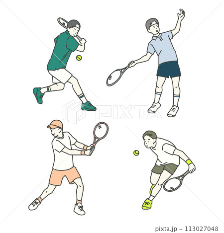 Illustration of a man playing tennis in various positions 113027048