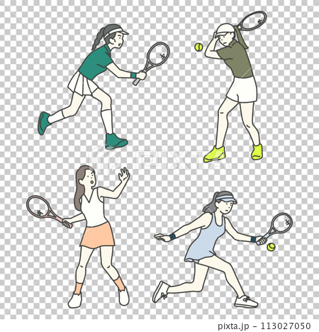 Illustration of a woman playing tennis in various positions 113027050