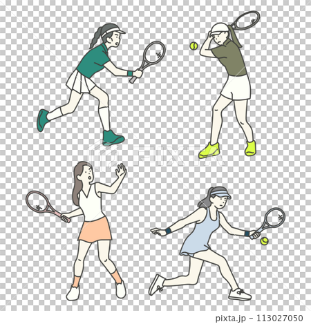 Illustration of a woman playing tennis in various positions Illustration of a woman playing tennis in various positions 113027050