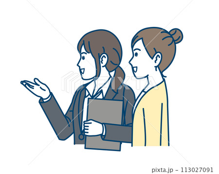 お客に案内や説明する女性会社員のイラスト お客に案内や説明する女性会社員のイラスト 113027091