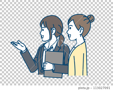お客に案内や説明する女性会社員のイラスト お客に案内や説明する女性会社員のイラスト 113027091