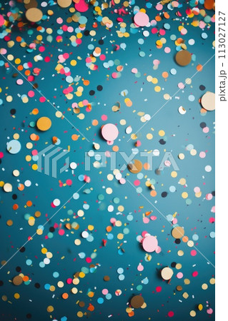 AI-generated content. colorful party confetti on blue background 113027127