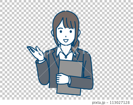 案内、説明、話す女性会社員のイラスト 案内、説明、話す女性会社員のイラスト 113027128