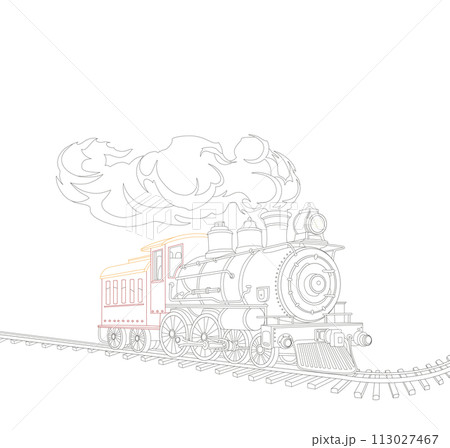 outline drawing of a train on rails, children's coloring book 113027467