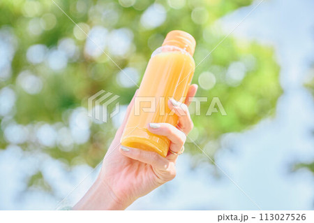 青空と新緑の中のオレンジジュース 青空と新緑の中のオレンジジュース 113027526