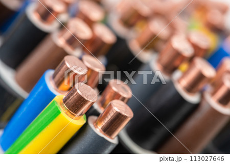 Electric copper wire used in electrical installation, macro view 113027646