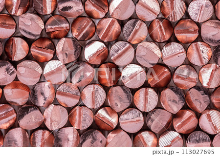 Pile of copper rod raw materials metals industry and stock market concept Pile of copper rod raw materials metals industry and stock market concept 113027695