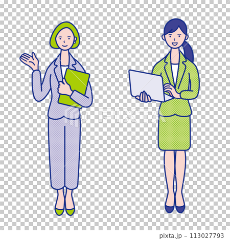 Full-body illustration material of a woman with a laptop and document files [set] 113027793
