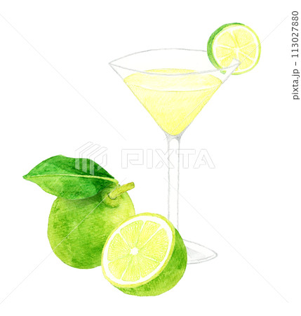 ギムレットとライム 飲み物(お酒)の手描き水彩イラスト素材 ギムレットとライム 飲み物(お酒)の手描き水彩イラスト素材 113027880