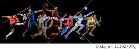 Creative collage with different athletes of various sports, men and women in motion over black background. Banner. Creative collage with different athletes of various sports, men and women in motion over black background. Banner. 113027976