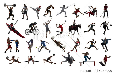 Collage made of men and women, athletes in motion training, sportspeople of various kind of sports in motion isolated on white background 113028000